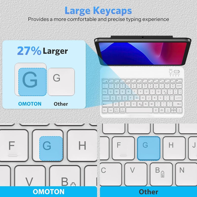 Omoton Bluetooth Keyboard for Tablet/Android/Windows/iOS, with 7 Colors Backlight Rechargeable Wireless Mini Keyboard for Galaxy Tab A9+ / S9 FE / S10 / S11 / A11 Series etc, White - Image 2